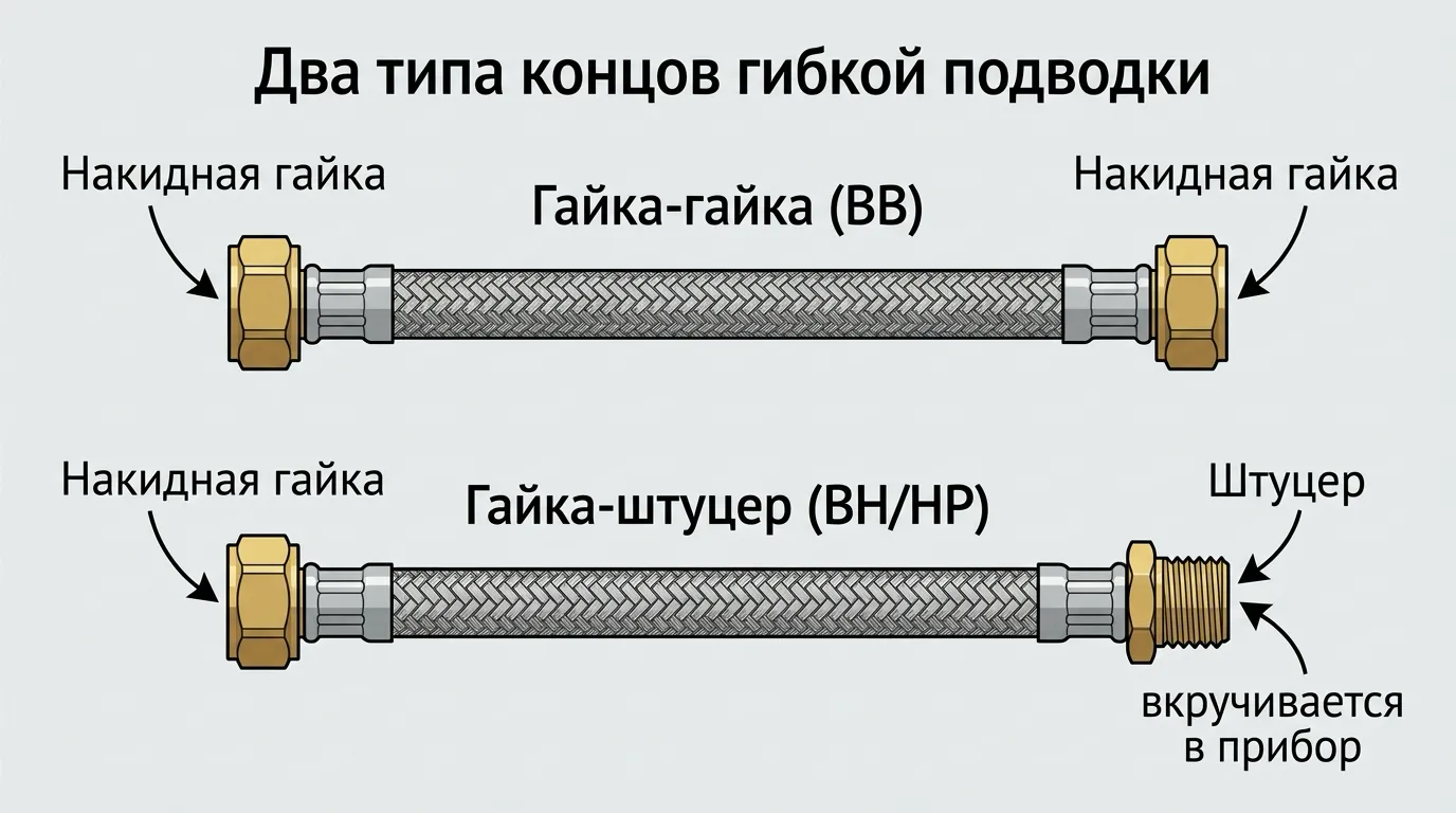 Схема подключения гибкого шланга: гайка-гайка (ВВ) и гайка-штуцер (ВН/НР)