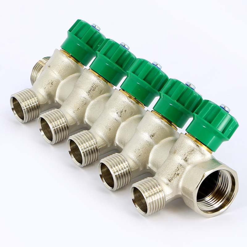 Коллектор распределительный Zeissler 3/4" х 1/2" под конус 5 выходов, вентильный под 45°, латунь