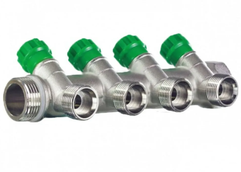 Коллектор распределительный Zeissler 3/4" х 3/4" под евроконус 4 выхода, под 135°, латунь
