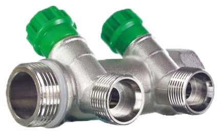 Коллектор распределительный Zeissler 3/4" х 1/2" под конус 2 выхода, вентильный под 45°, латунь