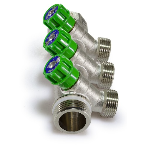 Коллектор распределительный Zeissler 3/4" х 3/4" под евроконус 3 выхода, под 135°, латунь — фото 2