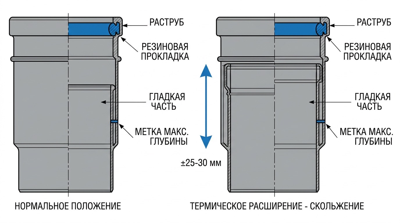 компенсационный патрубок канализация принцип работы — схема скользящего соединения с резиновым уплотнителем