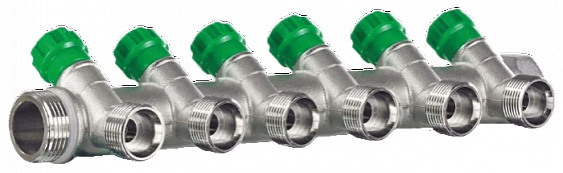 Коллектор распределительный Zeissler 3/4" х 1/2" под конус 6 выходов, вентильный под 45°, латунь