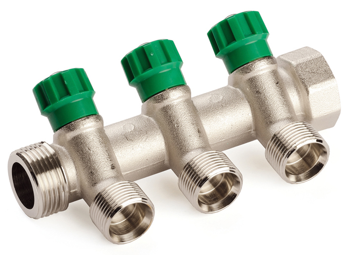Коллектор распределительный Zeissler 3/4" х 3/4" под евроконус 3 выхода, под 135°, латунь