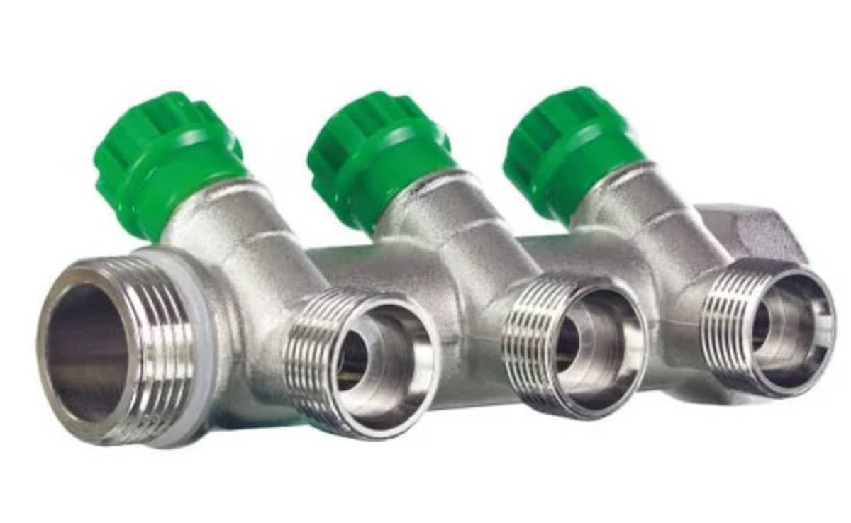Коллектор распределительный Zeissler 1" х 3/4" под евроконус 3 выхода,  под 135°, латунь